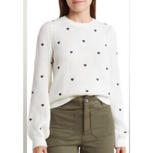 Lucky Brand White Ribbed Crewneck Sweater with Black Heart Dots